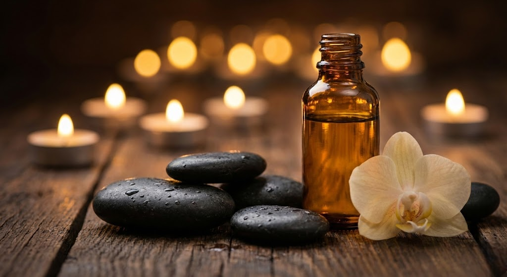Óleos essenciais e pedras quentes em ambiente suave
