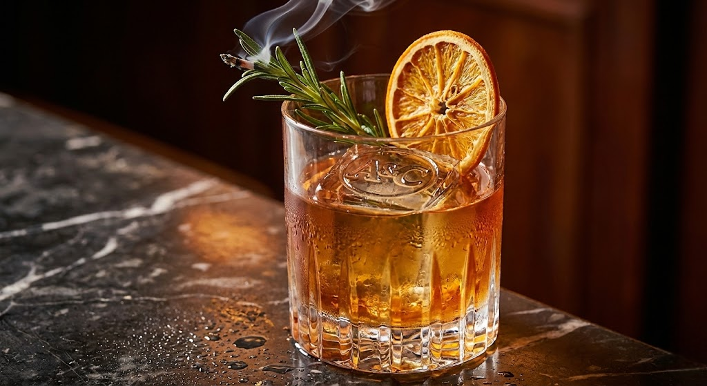 Coquetel de autor com gelo artesanal e fumo